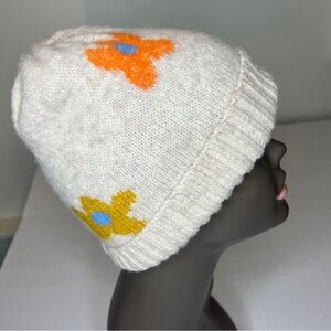 Free People Cream Heathered Beanie with Orange, Yellow and Blue Floral Design
